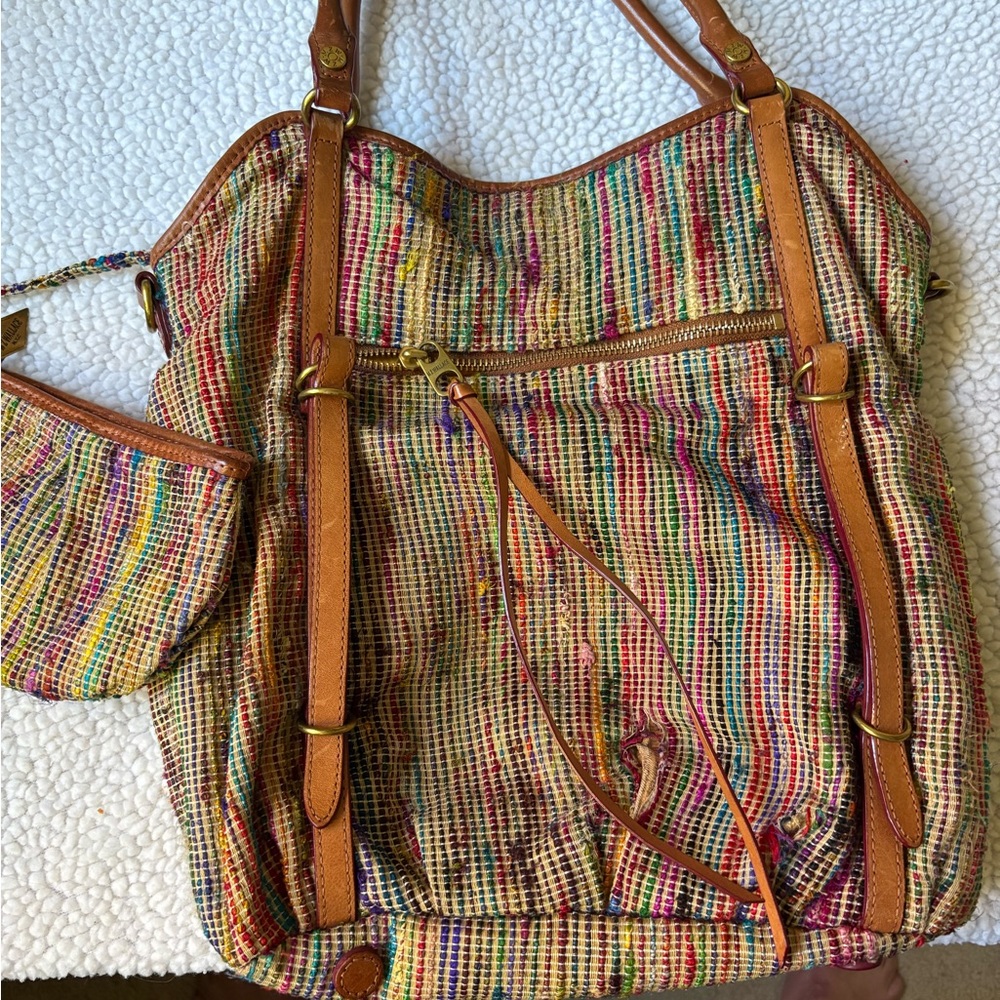 FLAWED Vintage MZ Wallace Multicolor Raw Silk and Leather  Bag - Picture 8 of 9